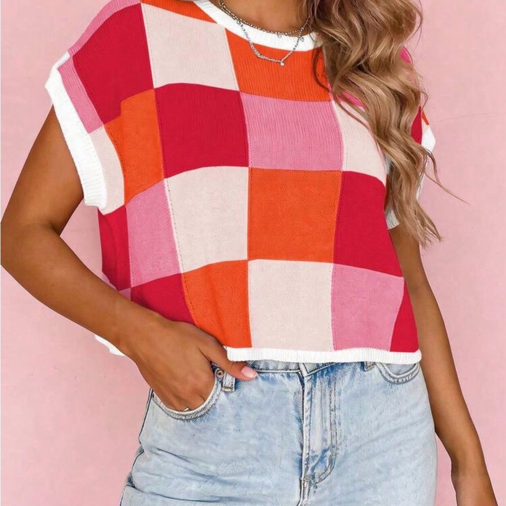 Colorblock Knit Sweater in Red, Pink, Orange & White